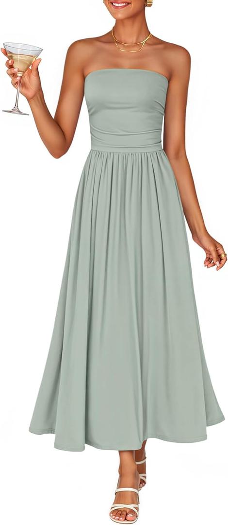 ZESICA Women's Summer Sleeveless Midi Dress 2026 Strapless Ruched A Line Flowy Wedding Guest Party Beach Long Dresses (M)