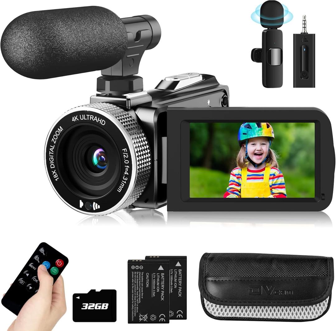 Video Camera Camcorder 4K 48MP 30FPS Vlogging Camera for YouTube with Wireless Lavalier Mic & External Mic Video Cameras for Filming with 32GB SD Card and 2 Batteries