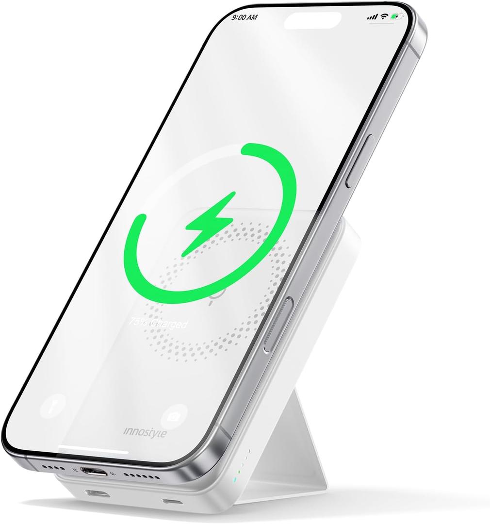 Magnetic Power Bank 3 in 1 10000mAh Wireless Charger with Foldable Stand, 20W USB-C Fast Charging Portable Slim Mag-Safe Battery Pack for iPhone 16/15/14/13/12 Series (White)