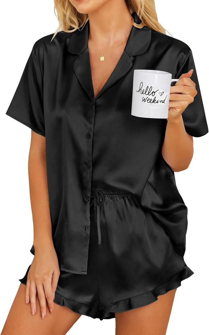 Ekouaer Womens Satin Pajamas Set Button Down 2 Piece Silk Pjs Shorts Set Ruffle Lingerie Notch Collar Sleepwear (Medium, Black)