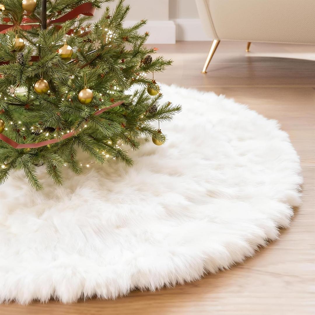 iMucci 60Inch Large Wool Fur Christmas Tree Skirt Extra Large Tree Skirt Plush White Christmas Tree Skirt for New Year Holiday Xmas Home Party Decor