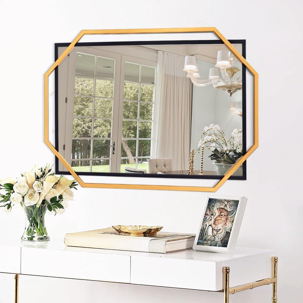 Modern Bathroom Mirror, 36" x 24" Black and Gold Decorative Wall Mirror with Modern Octagonal Metal Frame, for Living Room, Dining Room, Entryway