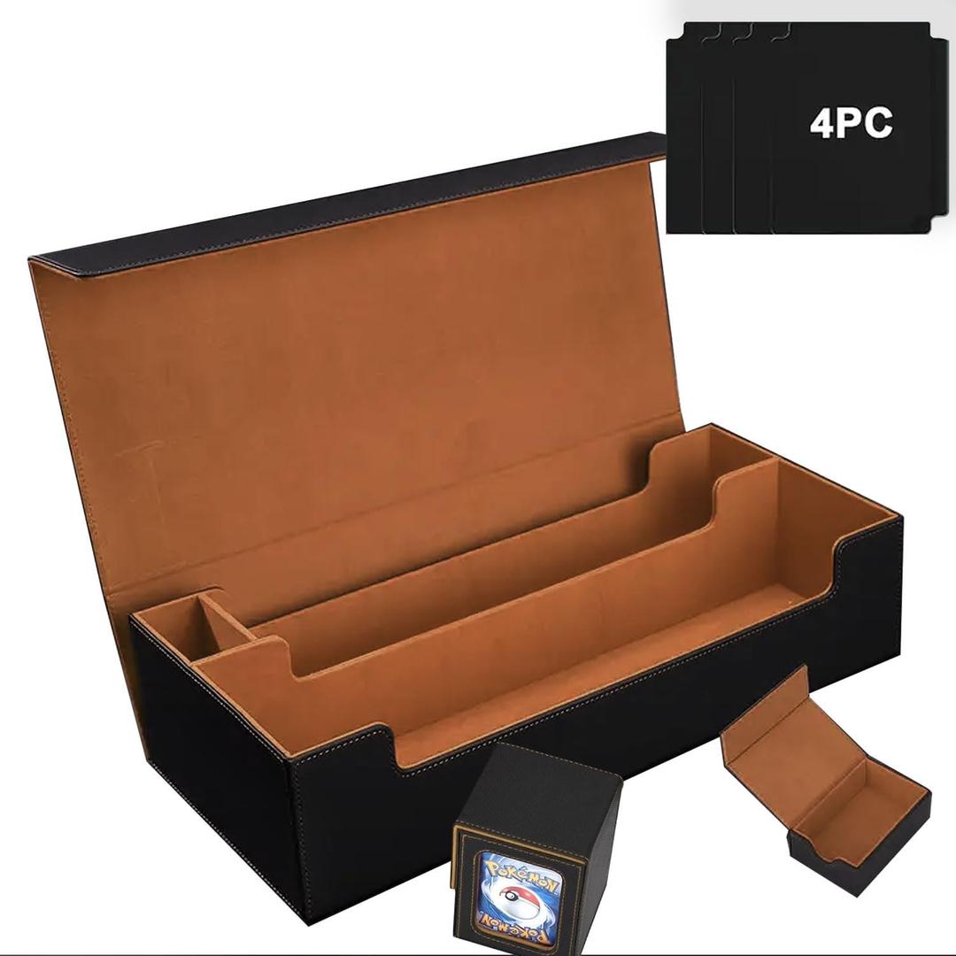 MTG Card Storage Box TCG Deck Case Holds Fits 5 Windows Decks Card Box Or 1800+ Sleeved Cards for MTG, YuGiOh, Uno, TCG, Trading Cards with Mat Case and Strong Magnet Closure (Black and Golden)
