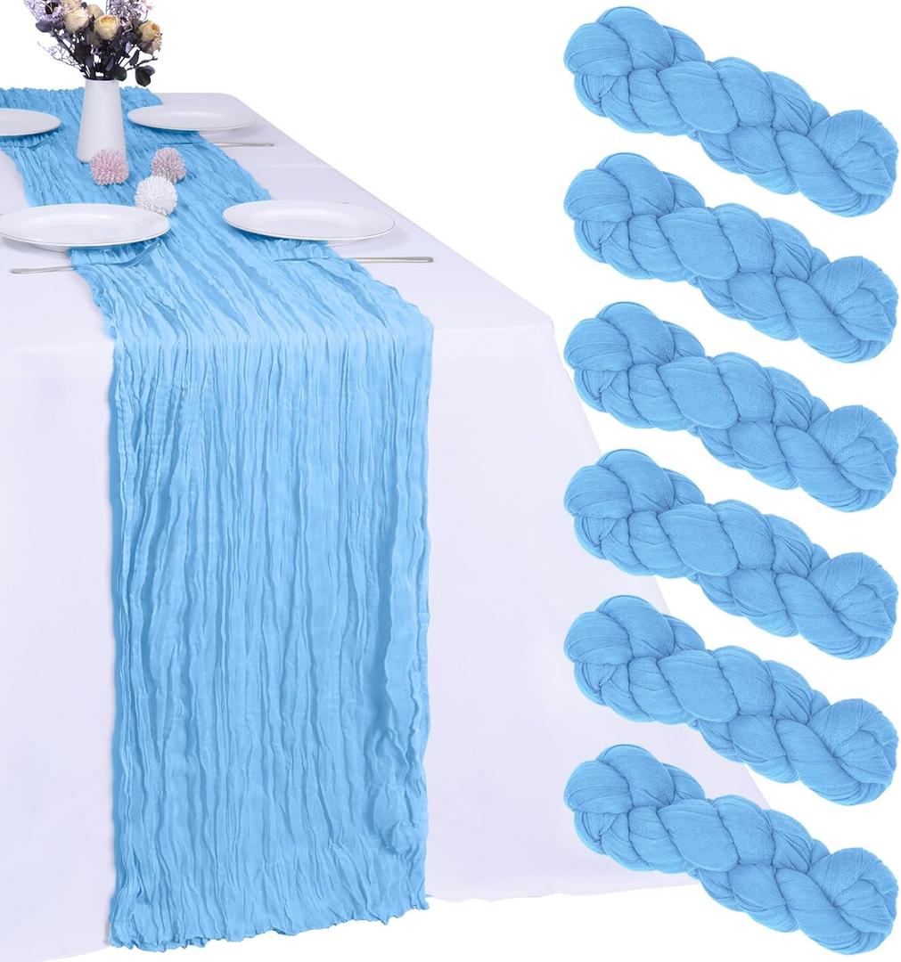 6 Pack Baby Blue Cheesecloth Table Runner 10FT Cheese Cloth Boho Gauze Fabric Table Runner 35 x 120 Inch Rustic Sheer for Spring Holiday Wedding Decor Baby Shower Party Decoration, 6 Pcs - 10 Ft