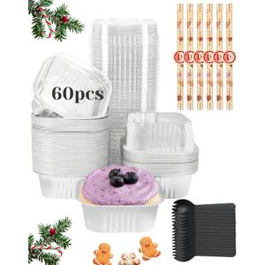 YQER 60 Pack 10oz Mini Cake Pans with Lids, Spoons, Stickers - Disposable Square Brownie Baking Cups - Individual Small Aluminum Foil Loaf Tins for Muffin, Ramekins, Cupcake - Catering, Gift, Sliver