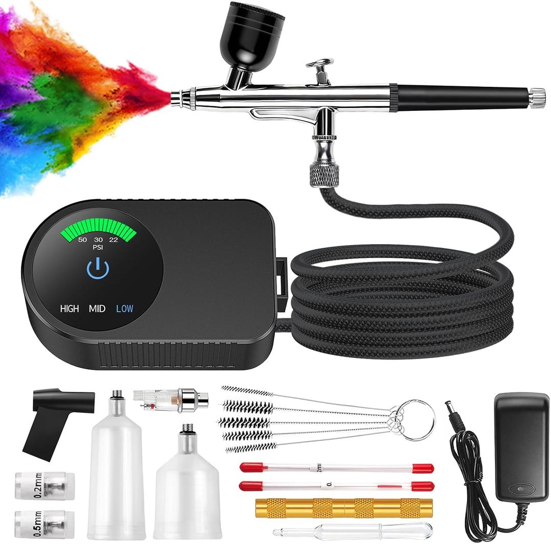 Airbrush Kit with Air Compressor, 22/30/50 PSI High Pressure Air Brush Non-Clogging with 0.2/0.3/0.5mm Nozzle/Cleaning Sets, Ideal for Painting, Modeling, Cake Decor, Makeup,Nail Art