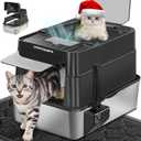 URPOWER Stainless Steel Cat Litter Box with Flip-Top Lid Extra Large Enclosed Litter Box Non-Sticky Metal Pan with High Sided & Scoop, Odor Free, Front & Top Entry, Anti-Leakage, Easy Cleaning