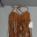 Verdusa Women's Fringe Tied Backless Suede Halter Top Deep V Neck Going Out Tops Western Outfits (Brown)