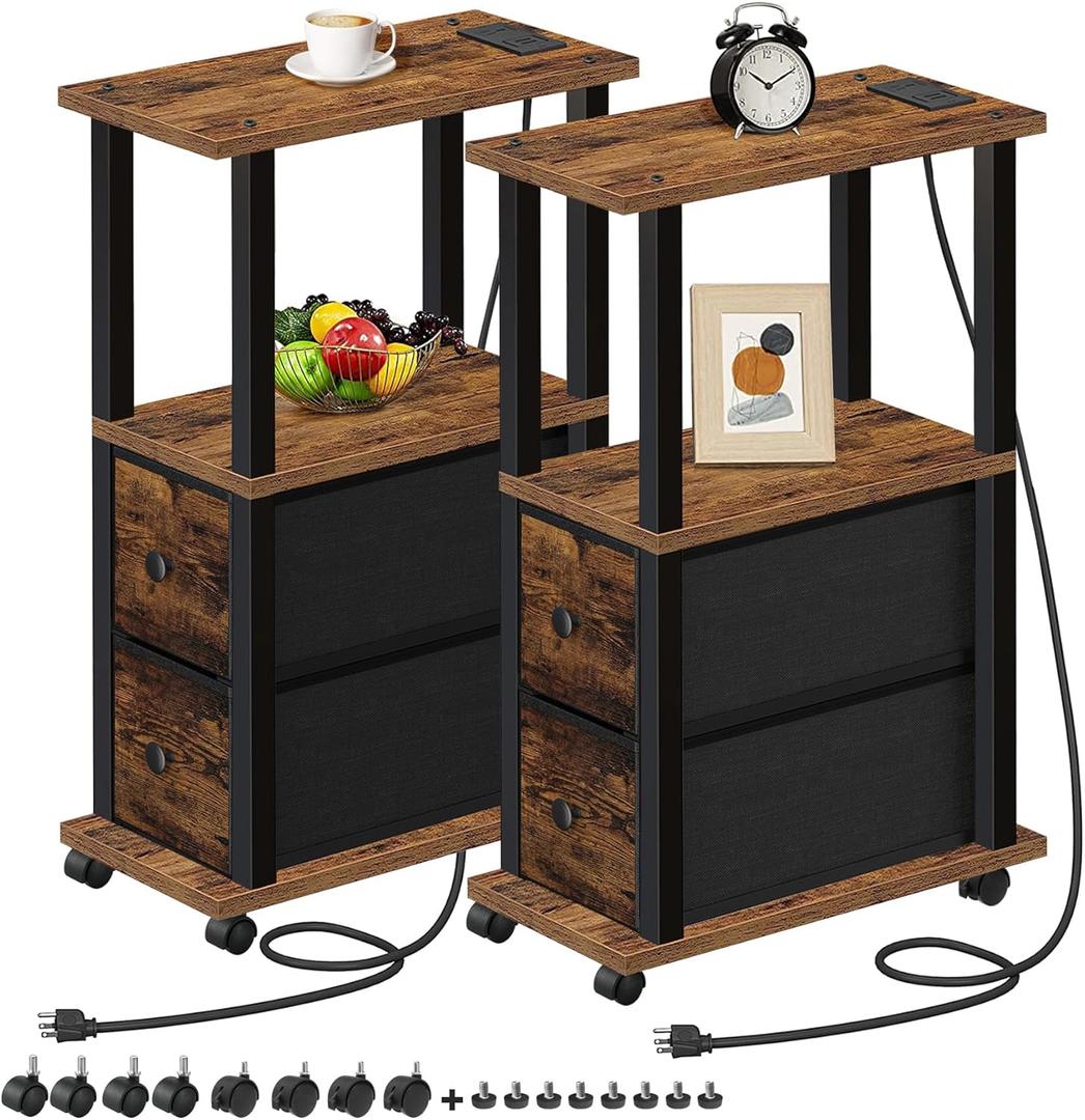 TUTOTAK Small Narrow End Tables, Side Tables with 2 Fabric Drawers, Set of 2, Bedside Tables with Charging Station for Small Spaces, Slim Nightstands with USB Ports and Wheels, TB01BB053C