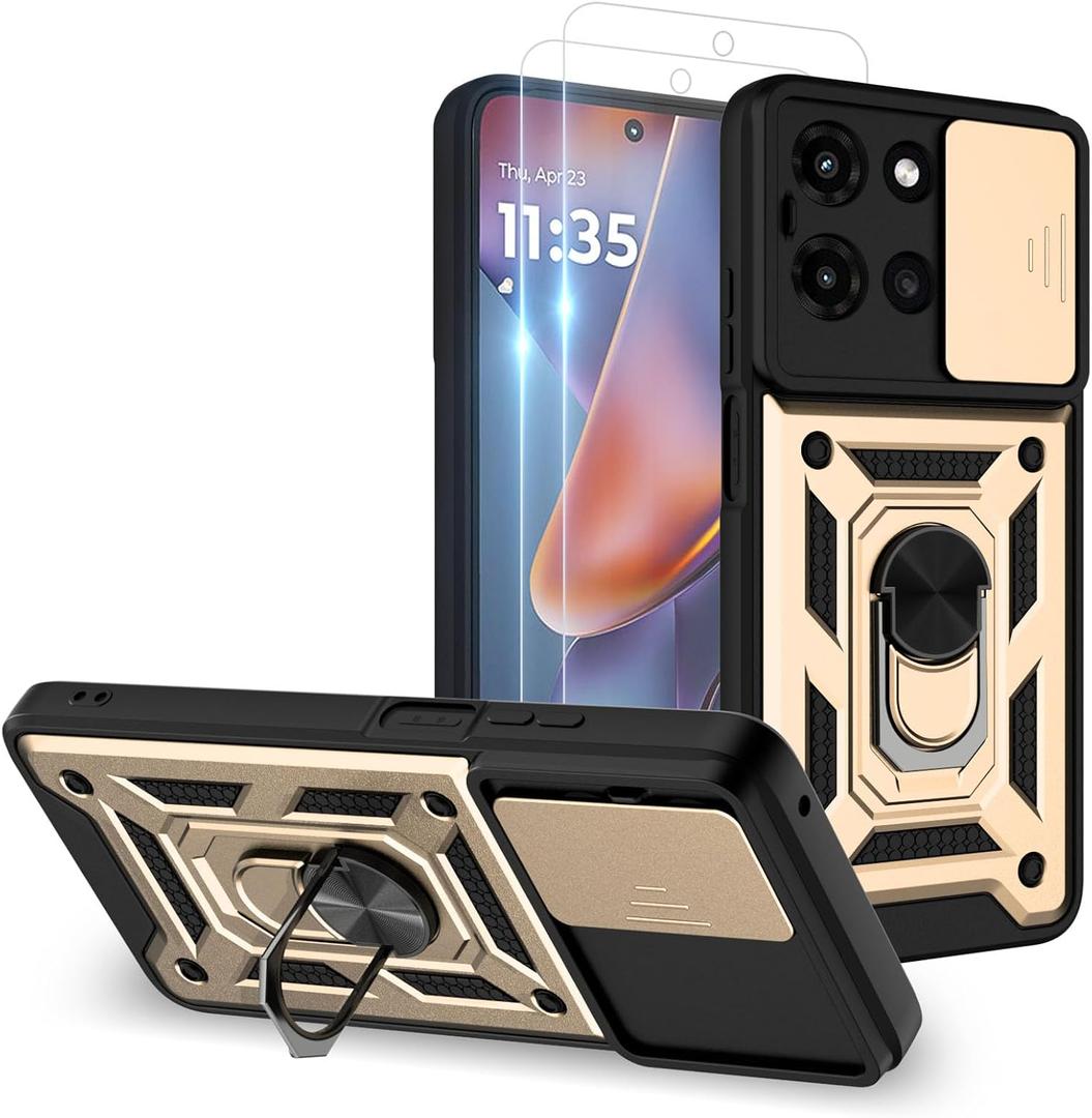 for Moto G 2025 CaseMoto G 2025 Phone Case with 2PC Screen Protector,Sliding Camera Cover and Multi Angle Stand for Moto G 5G 2025 Case,Gold