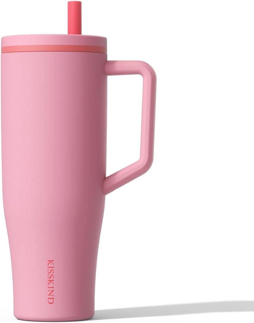 KISSKIND 40 oz Tumbler with Handle and Hidden Straw | 100% Leakproof Insulated Tumbler with Lid and Straw | Stainless Steel Water Bottle | Cup Holder Friendly Base