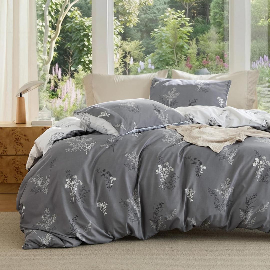 Bedsure Duvet Cover Queen Size - Reversible Floral Duvet Cover Set with Zipper Closure, 1 Piece Grey Duvet Size Queen (90"x90")