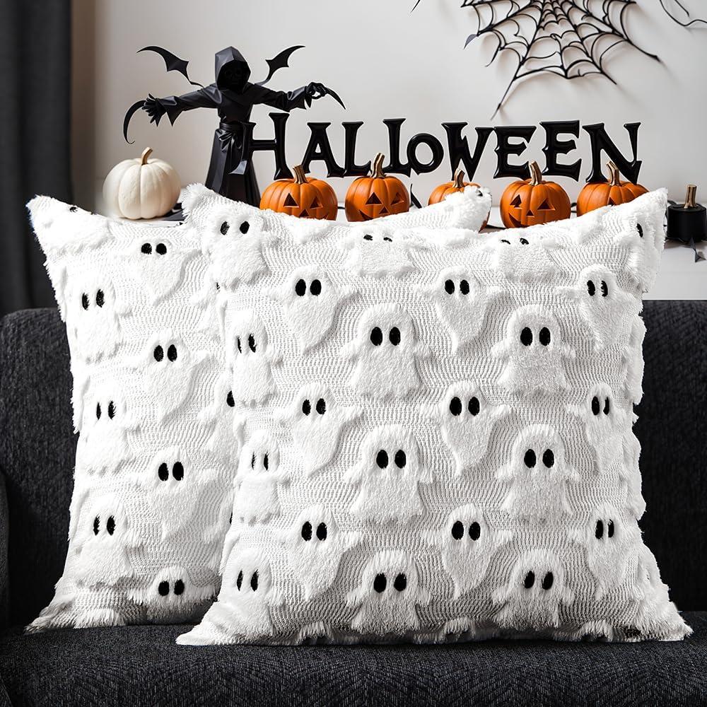 DFXSZ Halloween Pillow Covers 16x16 inch Set of 2 White Ghost Throw Pillow Cases Soft Plush Faux Fur Wool Couch Cushion Case for Chair Sofa Bedroom Living Room Home Decor PTK03A16