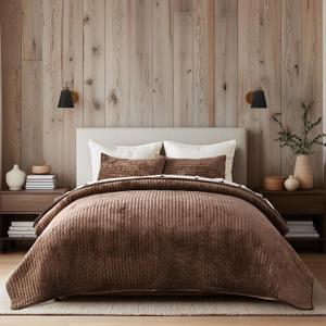 EverGrace Velvet Quilt Set Queen Size, Luxurious Soft Striped Channel Bedding Set, Lightweight Velvet Comforter for All Season, Oversized Bedspread Coverlet with 2 Matching Shams, Rust Brown