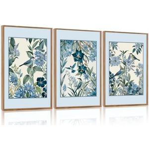 Aurlan Vintage Blue Birds and Botanical Framed Wall Art(16"x24"), 3PCS Classic Chinoiserie Audubon Bird Canvas Artwork, Large Abstract Watercolor Flowers Floral Home Decor for Bedroom Living Room