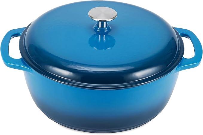 Amazon Basics Enameled Cast Iron Dutch Oven Pot with Lid, Round, Dual Handles, Heavy-Duty, Oven Safe for Stews, Roasting, Baking, 6-Quart, Blue