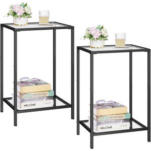 Side Tables Set of 2, End Tables with Tempered Glass, 2-Tier Nightstands with Storage Shelves, Coffee Table with Modern Style, Slim Sofa Table for Living Room, Bedroom, 11.8" D x 15" W, Black