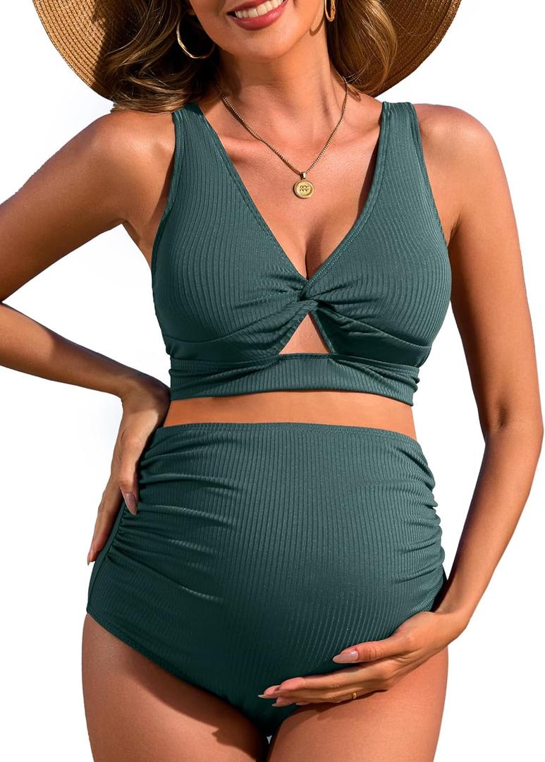 Charmo Maternity Swimsuit Ribbed High Waist Pregnancy Bikini Sets Twist Cutout Front Two Piece Bathing Suit Swimwear XL