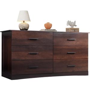 WLIVE Wood Dresser for Bedroom, Wide Chest of Drawers with 6 Drawers, Large Brown Storage Tower Unit, Modern Minimalist Closet Store Organizer for Living Room, Hallway