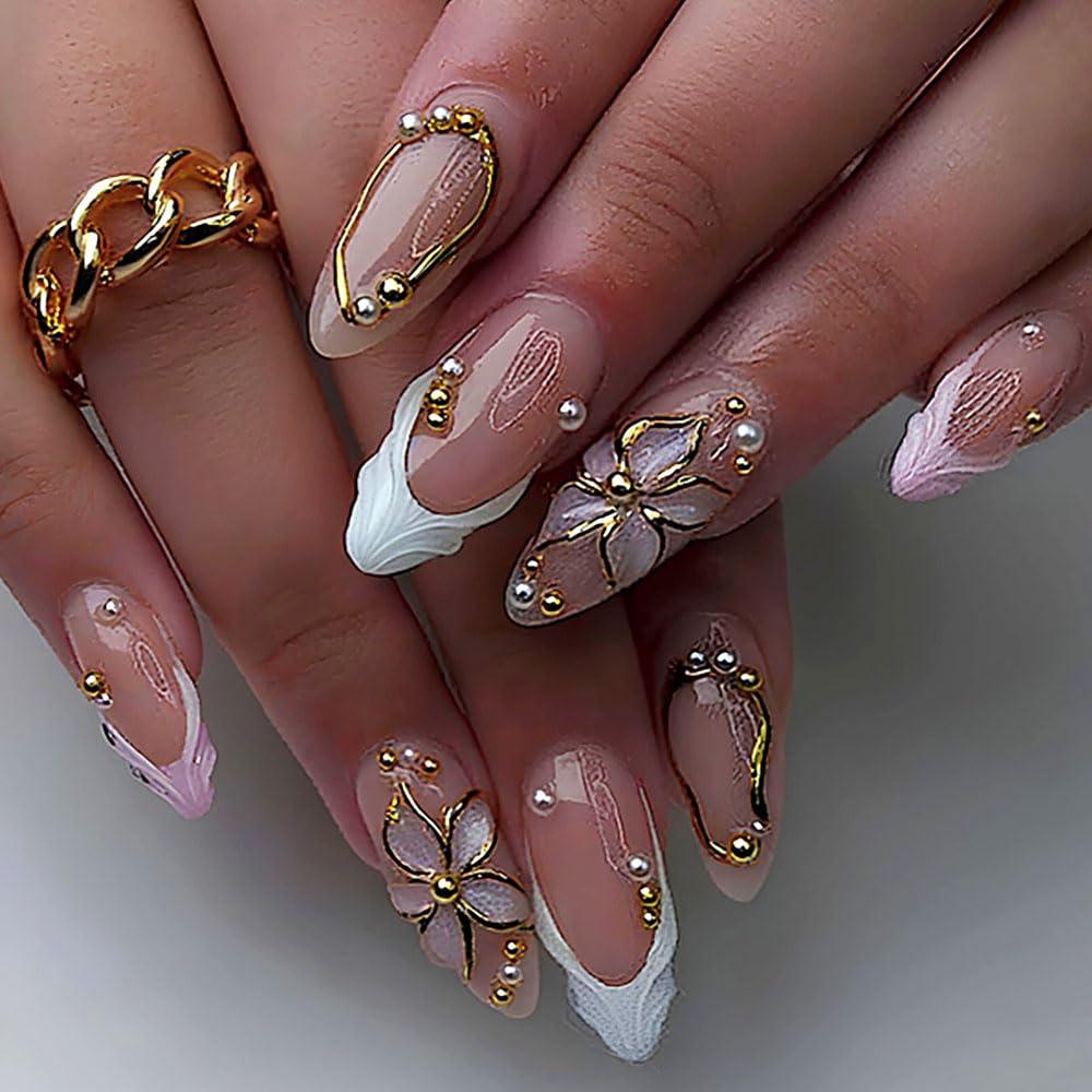 Floral Press on Nails Medium Almond Fake Nails Bare Powder Gilded Flowers Pearls Designs Nails Press ons Gel Acrylic Glue on Nails Medium Length Flowers Gold Lines Stick on Nail for Women 24Pcs
