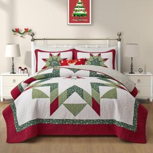 NELIFDER King Size Christmas Bedding Quilt Set 100% Cotton Red Bird White Snowflake Pattern Bedspread Real Patchwork Star Hand Made 3 Peice Wedding Ring Set