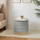Round Storage Ottoman with Reversible Tray Lid, Folding Chenille Fabric Footrest with Hidden Storage, 15.4" Footstool for Small Spaces Living Room Bedroom, Wood Grain Base, Grey, 15.4"D x 15.4"W x 14.6"H