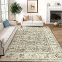 jinchan Fiora Washable Area Rug 8x10 for Living Room - Soft Faux Wool Ultra-Thin Stain Resistant Non-Slip Distressed Vintage Floral Large Carpet for Bedroom, Home Office, Nursery(Taupe, 8'x10')