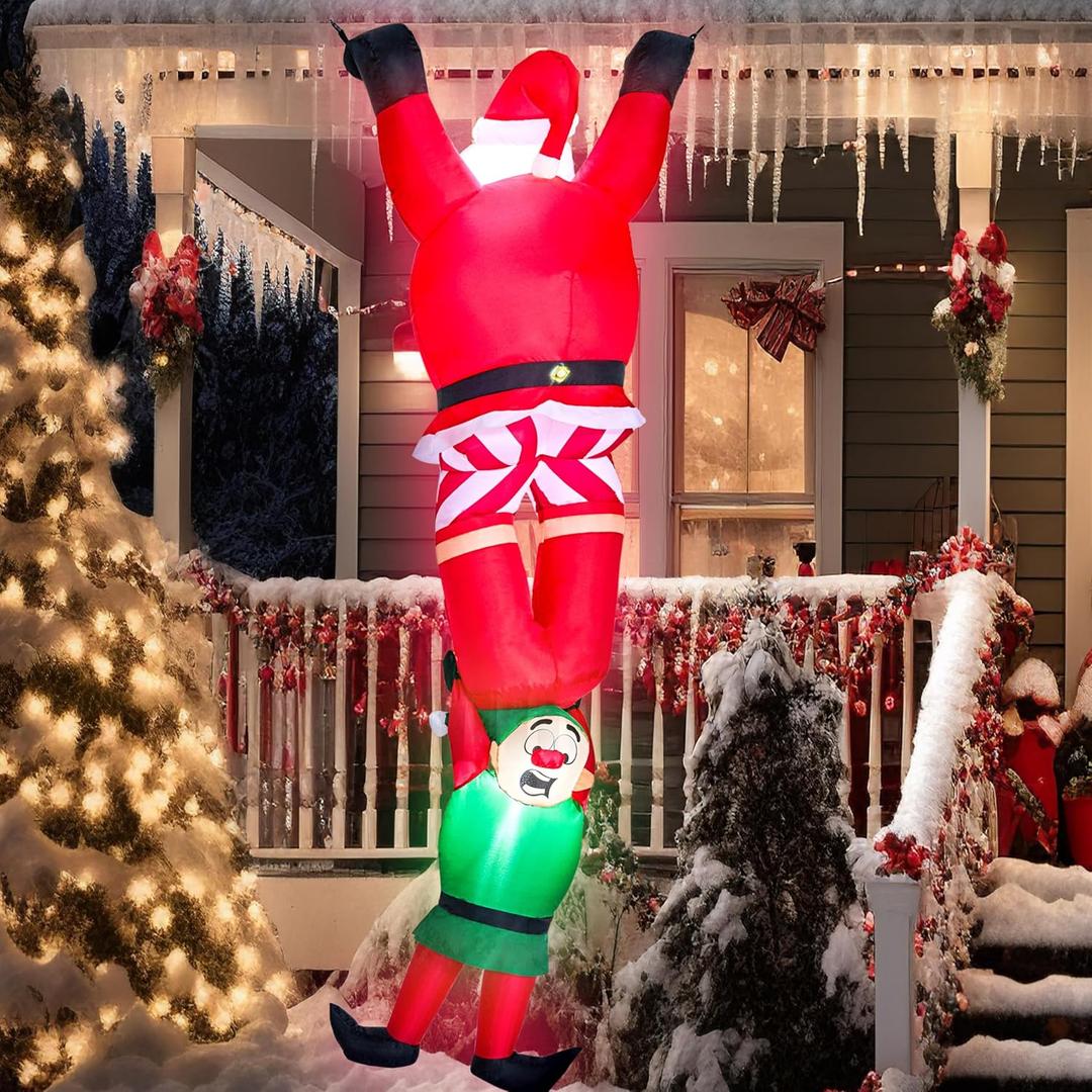 Joiedomi Hanging Christmas Inflatables Decoration, Christmas Inflatable Climbing Santa with Falling Elf, Blow Up Santa with Build-in LEDs for Xmas Party Outdoor Yard Garden Lawn Decor