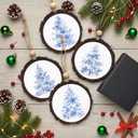 Chinoiserie Christmas Tree Floral Wooden Hanging Ornament, Blue and White Chinoiserie Floral Wooden Ornaments for Christmas Tree, Blue and White Xmas Grand Millenial Decoration, Set of 4