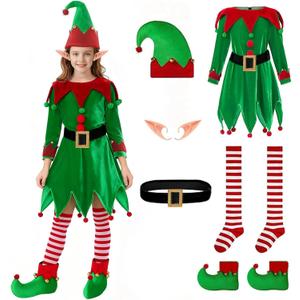 Christmas Girls Elf Costume: 6-Pack Kit Kids Holiday Helper Outfit with Velvet Dress Shoes Hat Belt Sock Ear (Small)