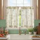 jinchan Floral Linen Kitchen Tier Curtains, 30 Inch, 2 Panels, Green | Rod pocket, linen-blend, botanical floral print, farmhouse, light filtering, privacy, kitchens and small windows
