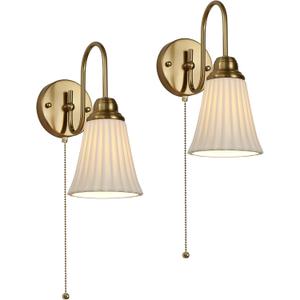 2 Pack Modern Ceramic Gold Hardwired Wall Sconce Wall Lighting with Pull Chain Switch, Indoor Wall Light Fixtures Curve Arm Wall Lamp for Living Room Bedroom Bedside Kitchen Home Office