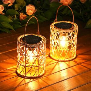 KOOPER Solar Lantern Outdoor Lights, 2 Pack Bright Hanging Solar Lanterns Outdoor Waterproof with Handle, Decoration Rattan Lanterns for Outside Hanging Garden Patio Yard Porch Trees Lawn Pathway Gift
