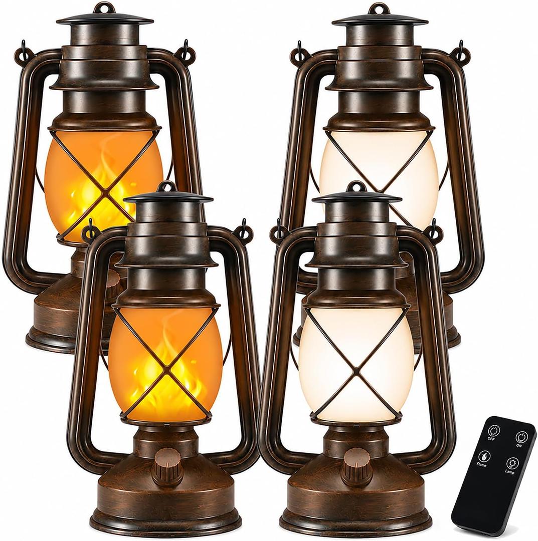 Battery Powered Vintage LED Lanterns 4 Pack with Remote Control, 2 Lighting Modes Flickering Flame Steady Light, Hanging Lanterns for Patio Garden Porch Camping Indoor Outdoor Decor Halloween