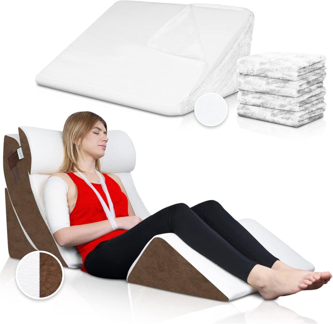 Lunix 4pcs Orthopedic Bed Wedge Pillow Set, Memory Foam Sitting Pillow - Brown + Soft Plush Fabric Replacement Cover Set - White