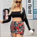 Avidlove Mini Skirts for Women Bodycon Casual Mini Skirts Adjust Drawstring Sexy Ruched Short Skirt Micro Club Skirt (Small, Leaf Rose)