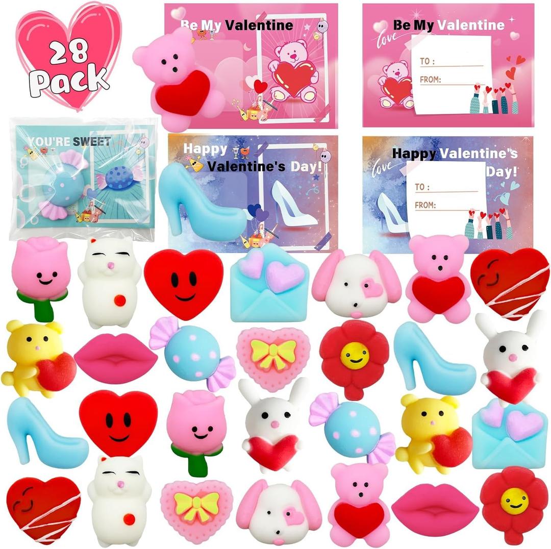 28 Pack Valentines Day Gifts for Kids, Mochi Squishies Toys with Valentines Day Cards for Kids Boys Girls Squishy Stress Relief Toys Party Favors School Classroom Exchange Prizes