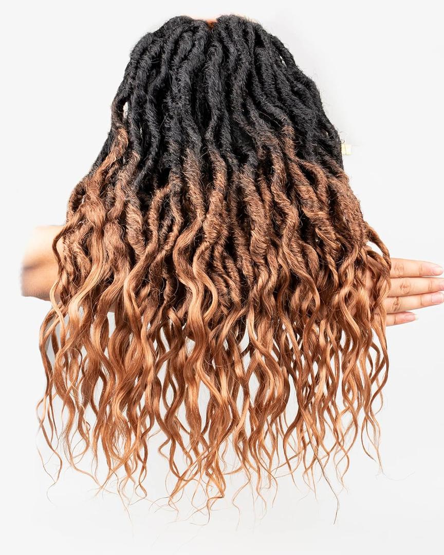 Goddess Wavy Locs Crochet Hair 16 Inch 6 Packs Ombre Brown Pre Looped Curly Soft Faux Locs Dreadlock Synthetic Ombre Braiding Hair Extensions For Black Women(16 Inch-6 Packs,OT1B/30)
