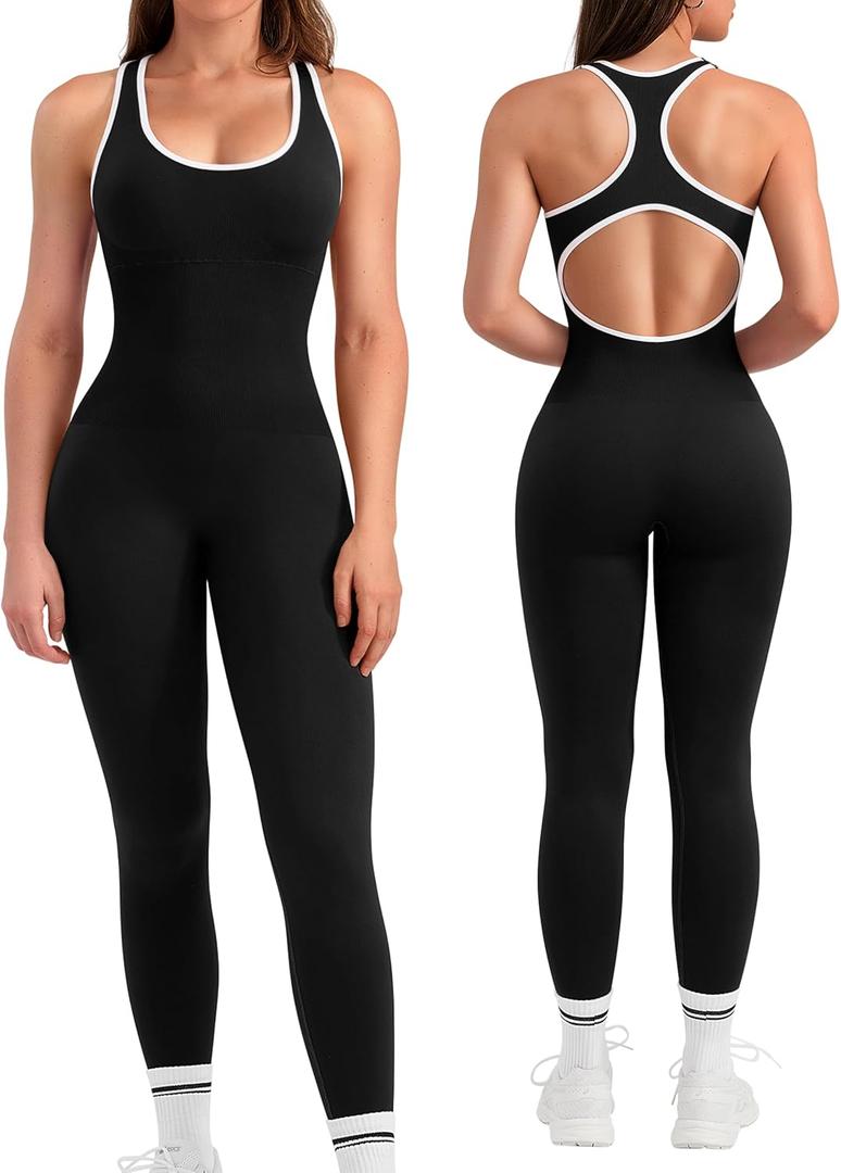 OLCHEE Womens Workout Jumpsuits Seamless Racerback Tummy Control Padded Large