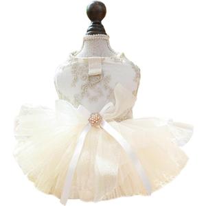 ANIAC Embroidered Dog Dress for Small Dog, Girl Puppy Princess Tutu Dress with Leash Ring, Cat Apparel, Chihuahua Yorkie Clothes for Birthday Wedding (X-Large, Champagne)