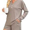 Braroz Womens Ribbed Knit 2 Piece Lounge Sets Outfits Long Sleeve Top and Shorts Pajama Sets Loungewear with Pockets Coffee Grey L