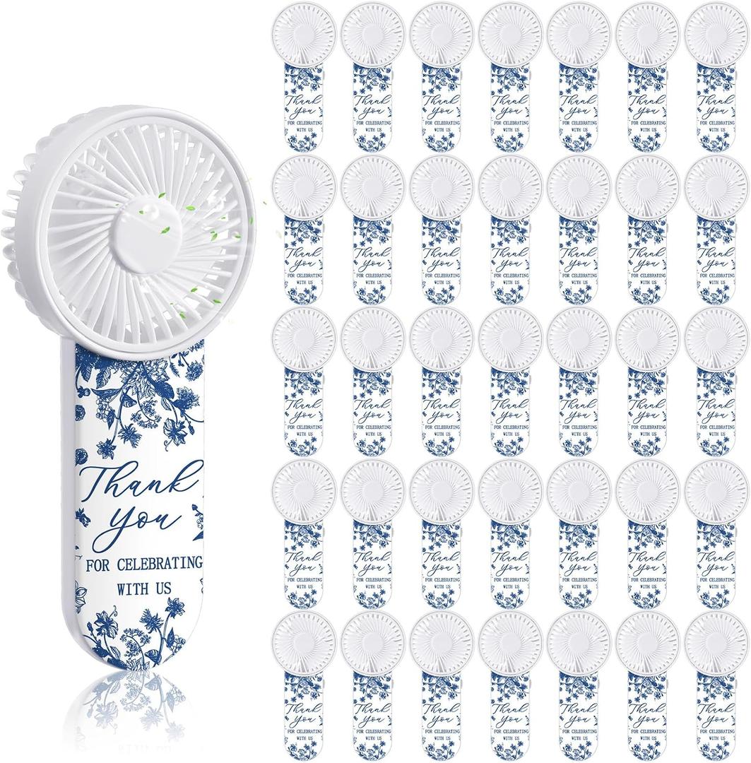 Tujoe 100 Pcs Wedding Handheld Fans for Guests Mini Personal Portable Fans Bulk Thank You for Celebrating with Us Fan for Wedding Bridal Shower Party Favors Summer Travel (Blue and White Porcelain)