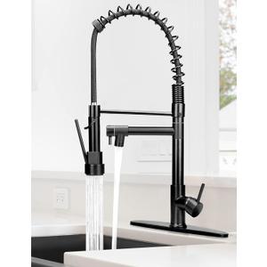 Kitchen Sink Faucet,Black Kitchen Faucet with Sprayer,Tall Kitchen Faucet with Pull Down Sprayer,Serimer Commercial Solid Brass Spring Kitchen Faucets with Deck Plate,Modern Kitchen Faucet Matte Black