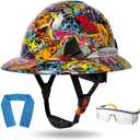Structure Full Brim Hard Hat with Glasses and Cooling Towel Adjustable Ventilation Reflective Helmet ANSI Z89.1 Type OSHA Approved 6 Point Hanging Helmet for Industrial