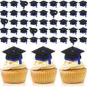 Chunful 48 Pieces Graduation Cap Cupcake Rings Grad Cake Toppers Congrats Grad Cap Cupcake Supplies for Graduation Theme Party Cake Decoration (Blue)