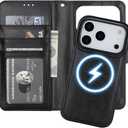 Bocasal for iPhone 17 Pro Wallet Case Compatible with MagSafe Wireless Charging, RFID Blocking Magnetic Leather Case with Card Slots Holder Kickstand Detachable Wrist Strap 6.3 Inch (Black)