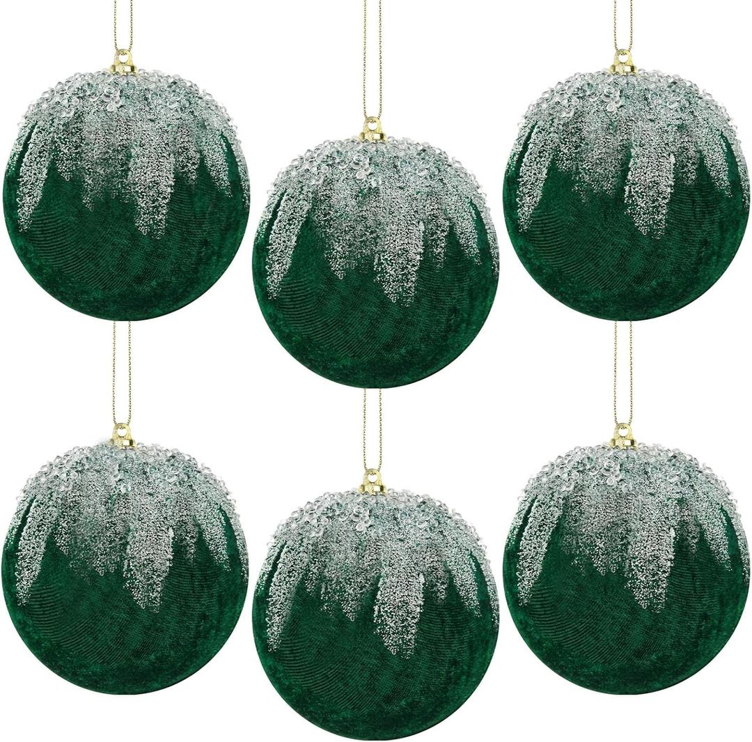 6PCS Dark Green Velvet Christmas Balls, 4 Inch Velvet Ornaments for Christmas Tree Glitter Shatterproof Flocked Ornaments Ball Hanging Ornaments for Indoor Holiday Wedding Party