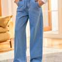 Haloumoning Girls Wide Leg Jeans Kids Elastic Waist Casual Demin Pants with Pockets 5-14 Years (Blue)