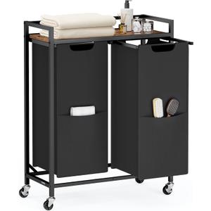 VASAGLE Laundry Sorter, 29 Gal. (110 L) Laundry Hamper Basket with 2 Compartments, Rolling Cart with Wheels, Shelf, Removable Bags, Pockets, Ink Black and Rustic Brown UBLH021B01