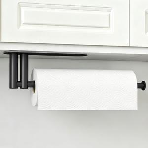 Paper Towel Holder Under Cabinet, Upgraded Dual-Rod Adhesive Paper Towel Holder with Longer Base, Stainless Steel Wall Mounted Holder for Kitchen Towels, No Drill, Black